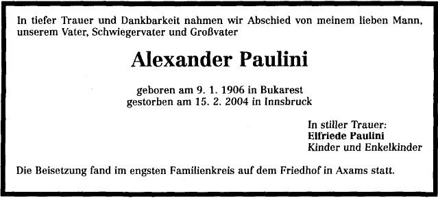 Paulini Alexander 1906-2004 Todesanzeige